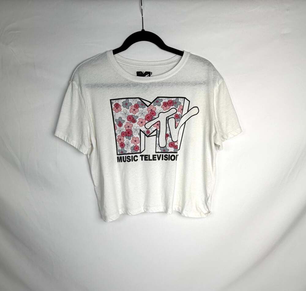 MTV Music Television Floral Embroidered Cropped Graphic T Shirt White Juniors XL